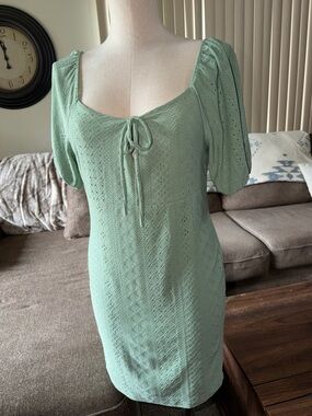 Vibe mint green eyelet mini dress sportswear Puff Sleeves sweetheart neckline L
